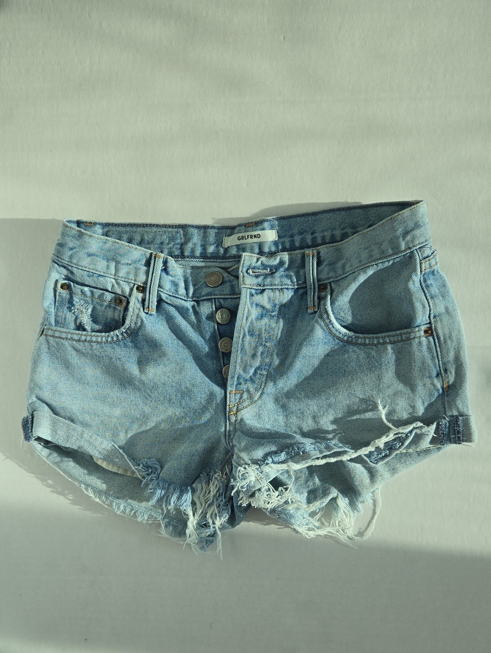 GRLFRND Light Blue Mid-Rise Distressed Denim Shorts